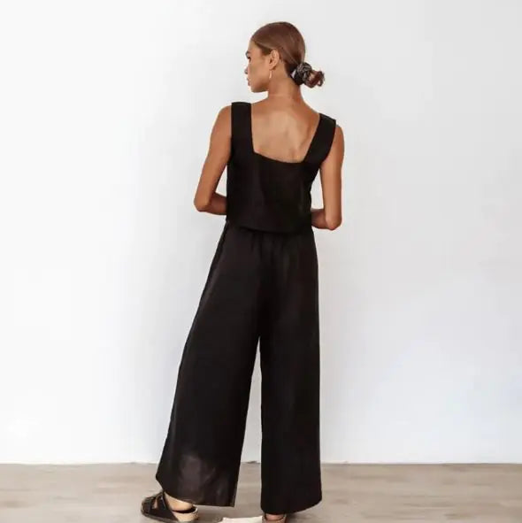 French Loose Casual Wide Leg Pants Square Neck Vest Set